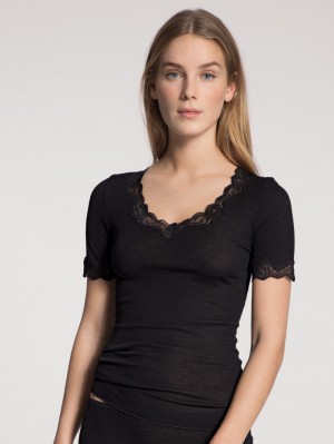 Biancheria Intima Donna Calida Richesse Lace Shirt Short Sleeve Ws Schwarz | 8329-APBKH