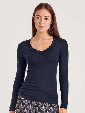 Biancheria Intima Donna Calida Richesse Lace Shirt Long Sleeve Blu | 5264-UYWCA