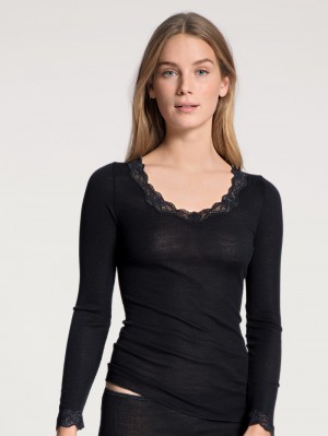 Biancheria Intima Donna Calida Richesse Lace Shirt Long Sleeve Ws Schwarz | 7601-IUOVM