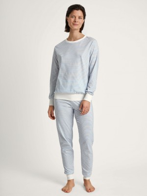 Pigiami Donna Calida Cotton Stripes Pyjama With Cuff Endless Sky | 9350-MUQGK