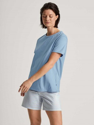 Pigiami Donna Calida Cotton Stripes Short Pyjama Endless Sky | 4701-GEHIL