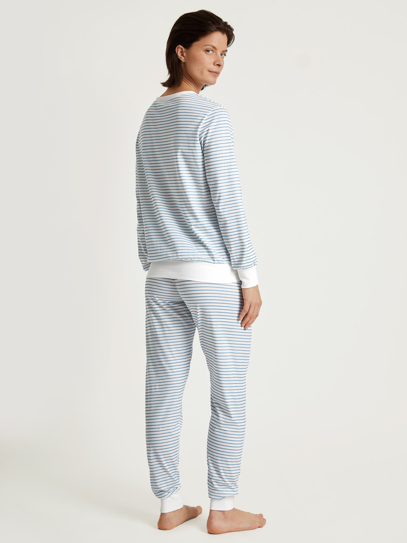 Pigiami Donna Calida Cotton Stripes Pyjama With Cuff Endless Sky | 9350-MUQGK