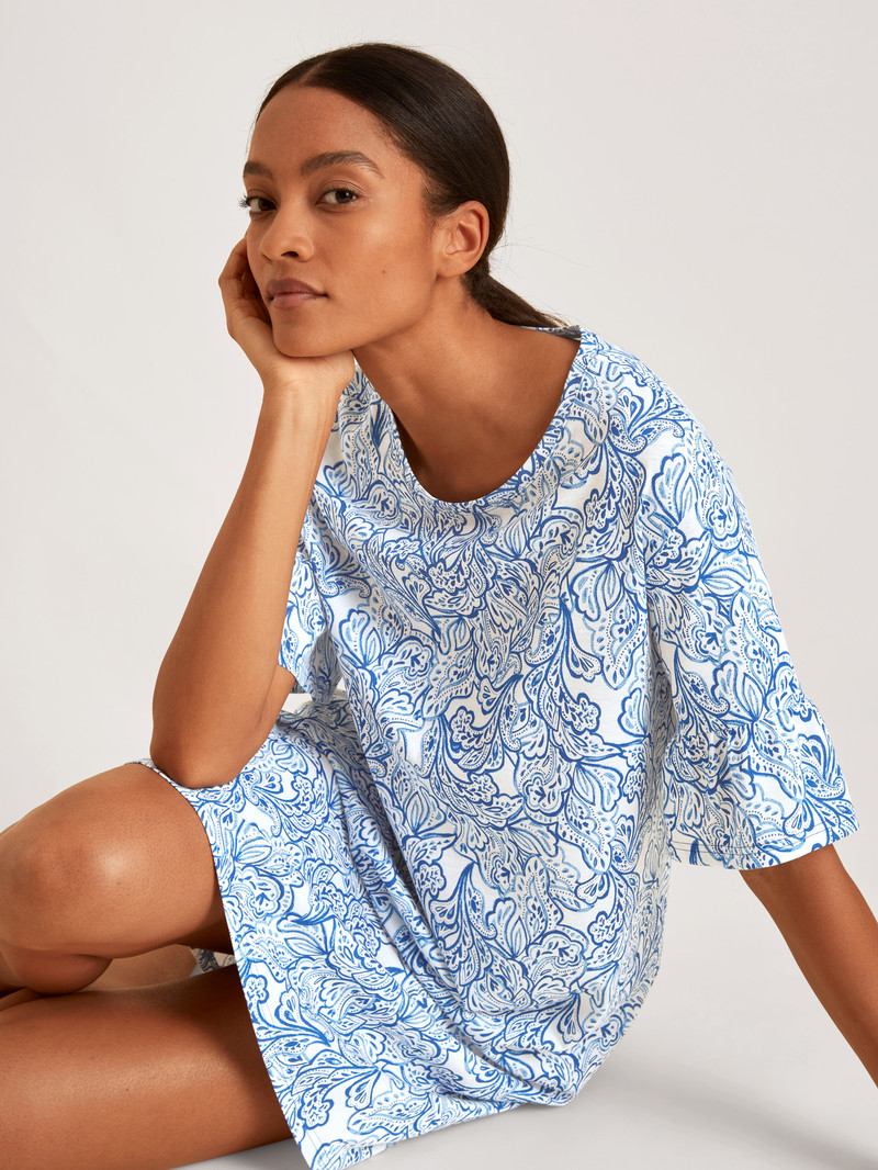 Pigiami Donna Calida Favourites Paisley Short Sleeve Nightdress, Length 90cm Blu | 8190-VSHTL