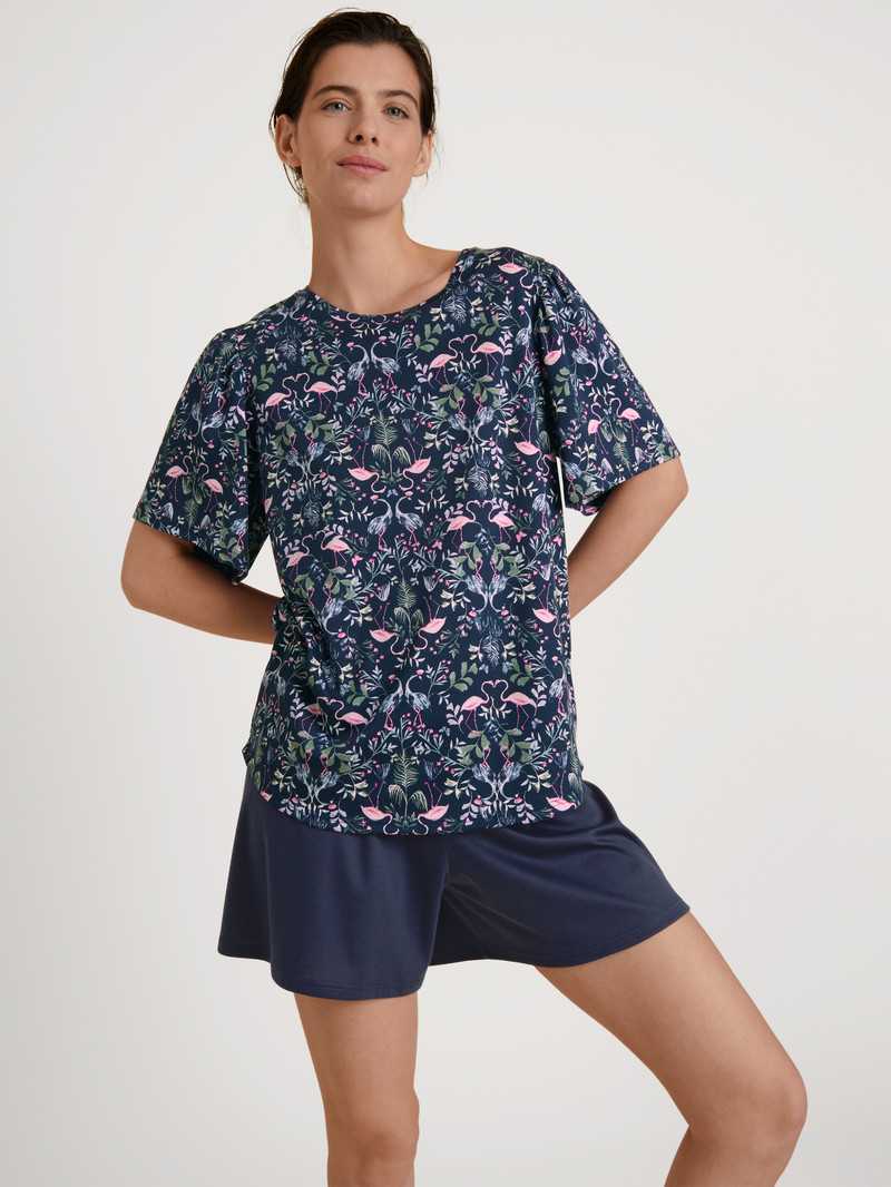 Pigiami Donna Calida Flamingo Dreams Short Pyjama Blu Scuro | 9045-BCDZR