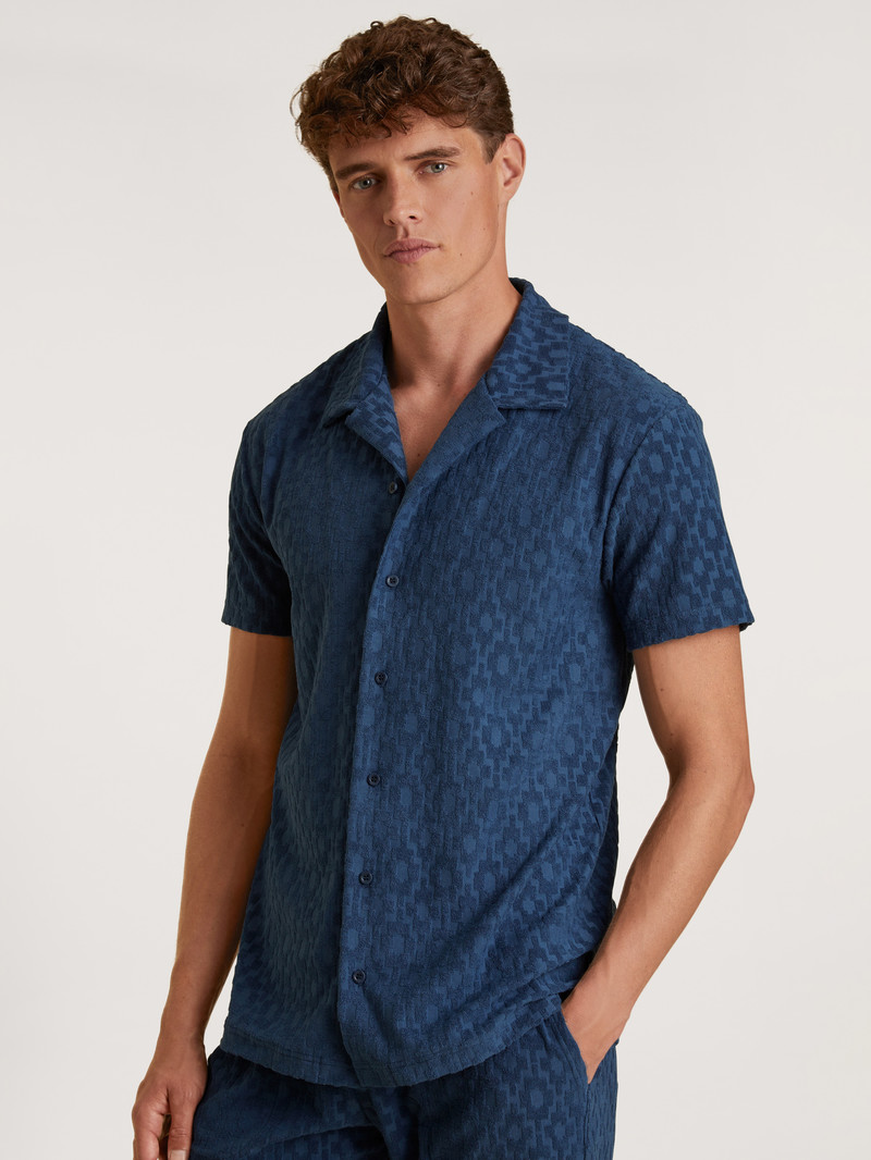 Summer Outfits Uomo Calida Rmx Lounge Holiday Short Shirt With Button Facing Blu | 3458-ZOIGR